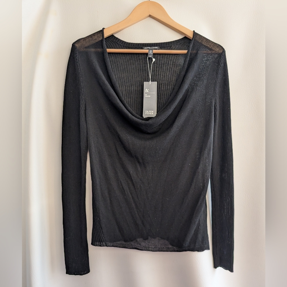Eileen Fisher Tencel Black Mini Rib Knit Drape Neck Semi Sheer Top Sweater - S
